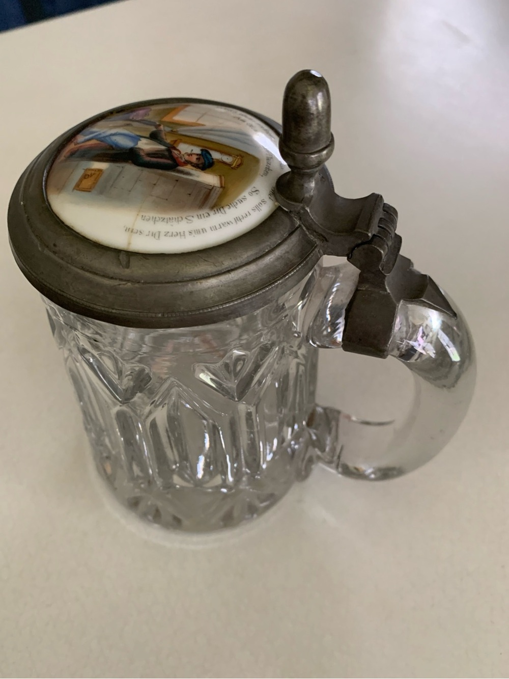 Antique German Mold Blown Glass, ca 1875 Porcelain & Pewter Lidded  Beer Stein